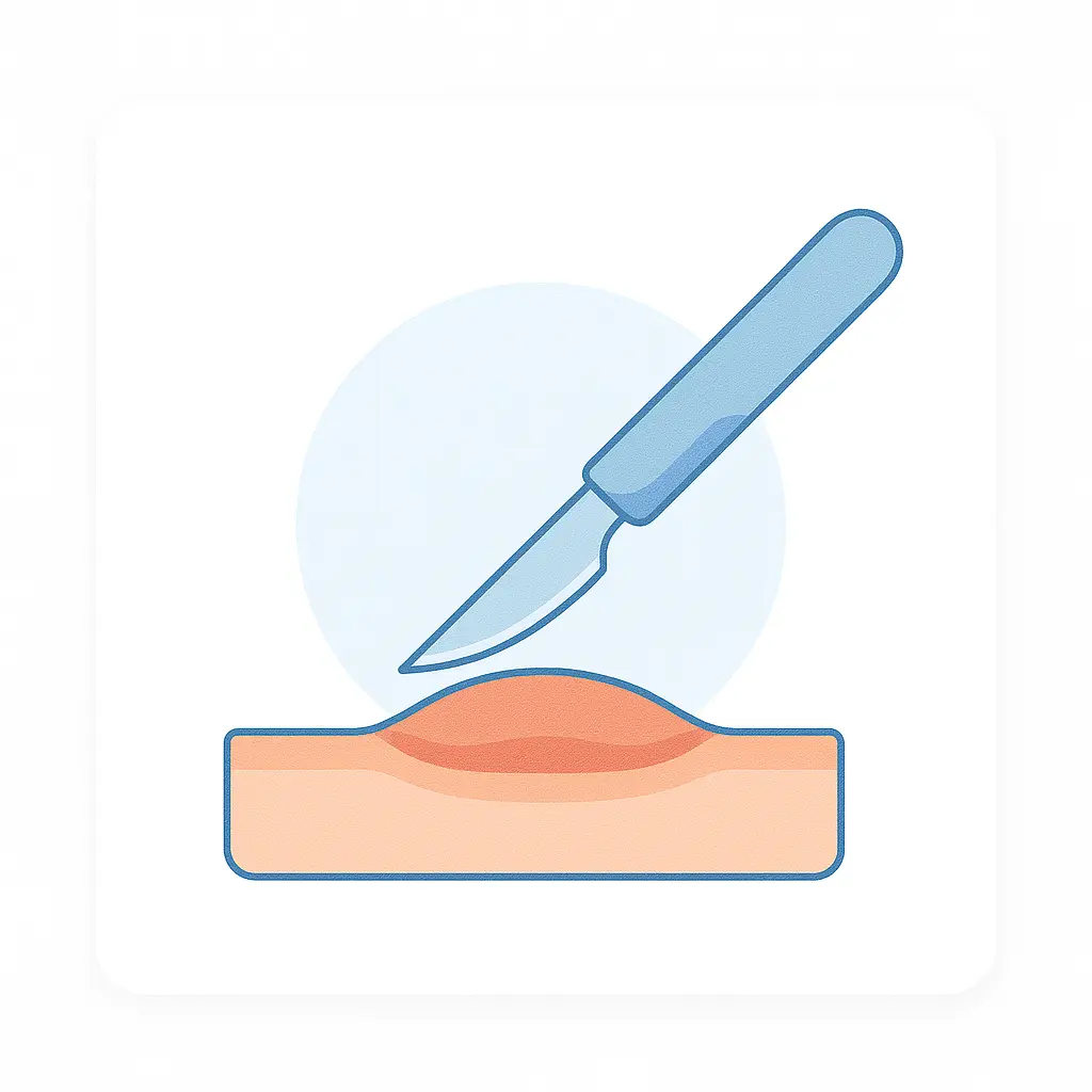 Medical vector illustration of a scalpel excising a skin lesion, depicting surgery for scars & keloids.