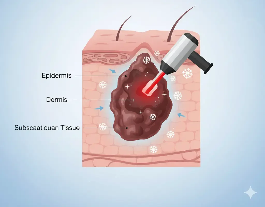 Red laser beam targeting keloid scar on skin, illustrating laser treatment for keloid scars in a medical context.