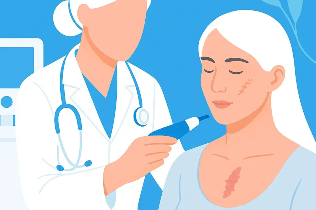 Medical illustration of a doctor treating a patient with a sternal scar, depicting keloid on chest removal therapy