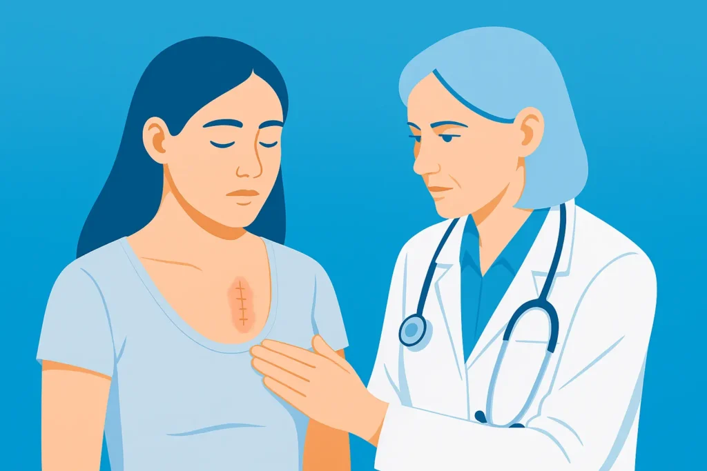 Medical illustration of a doctor examining a chest scar for keloid removal consultation