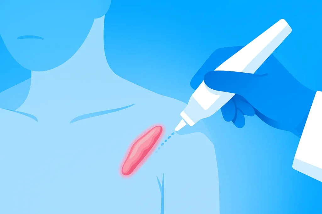 Medical illustration showing targeted therapy on a shoulder, visualizing the process of Keloid scars: Diagnosis and treatment.