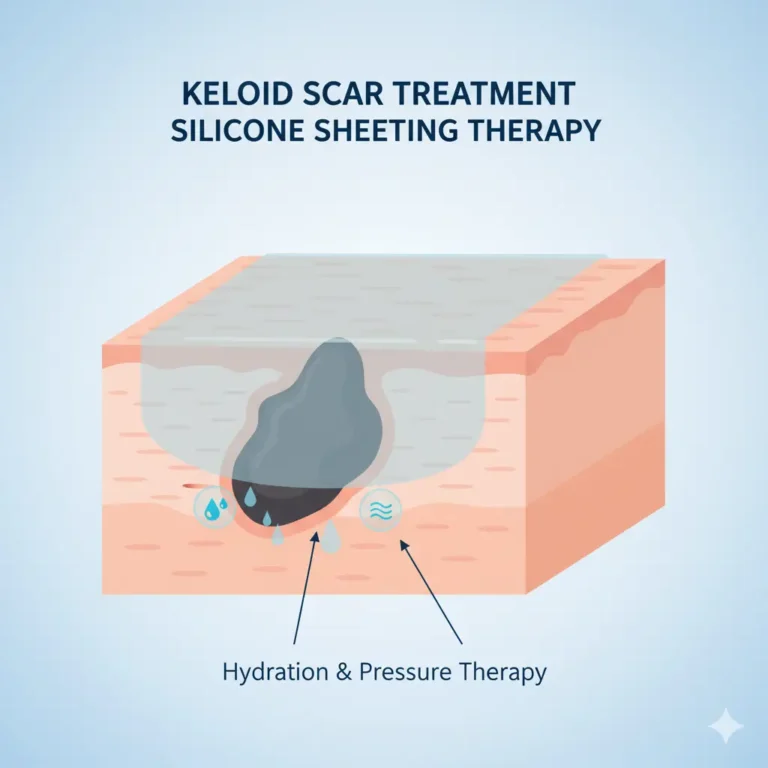 Medical illustration showing silicone scar treatment for keloids using a translucent sheet to hydrate the skin
