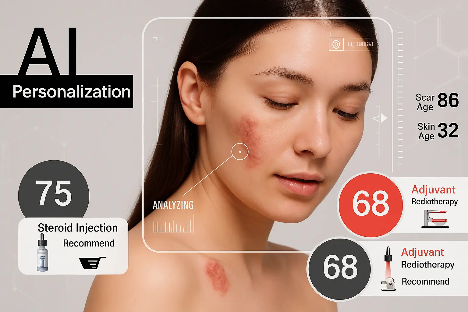 AI-assisted keloid scar analysis showing personalized keloid scars treatment recommendations such as steroid injection and adjuvant radiotherapy, focused on a chest keloid lesion.