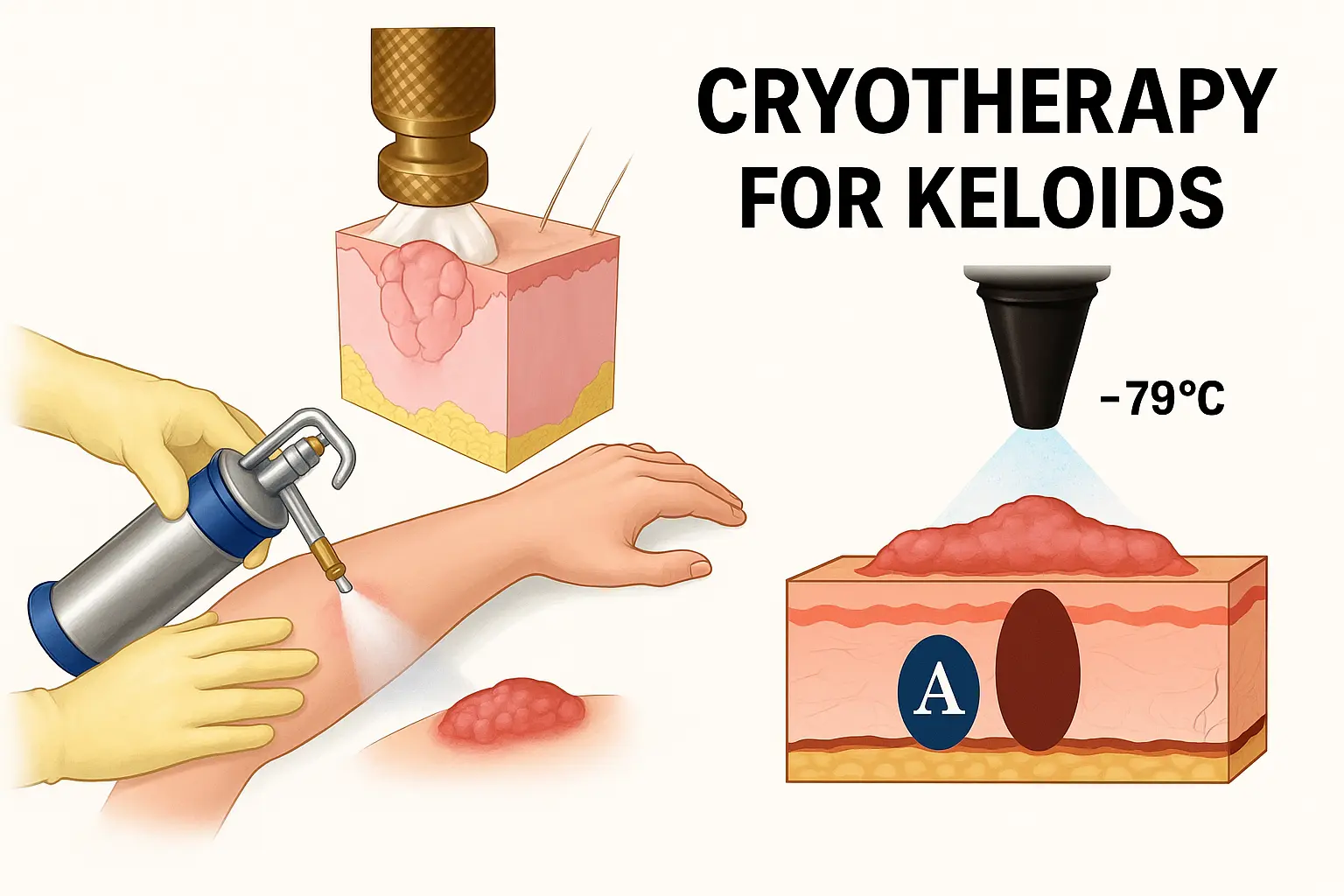 Illustration of cryotherapy for keloid scars using liquid nitrogen, showing the application device and a skin cross-section that highlights how freezing destroys keloid tissue.